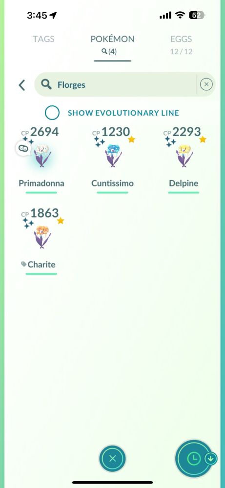 Pokemon Go search with 4 shiny Florges: a White Florges with the nickname Primadonna, a Blue Florges with the nickname Cuntissimo, a Yellow Florges with the name Delpine and an Orange Florges with the name Charite.