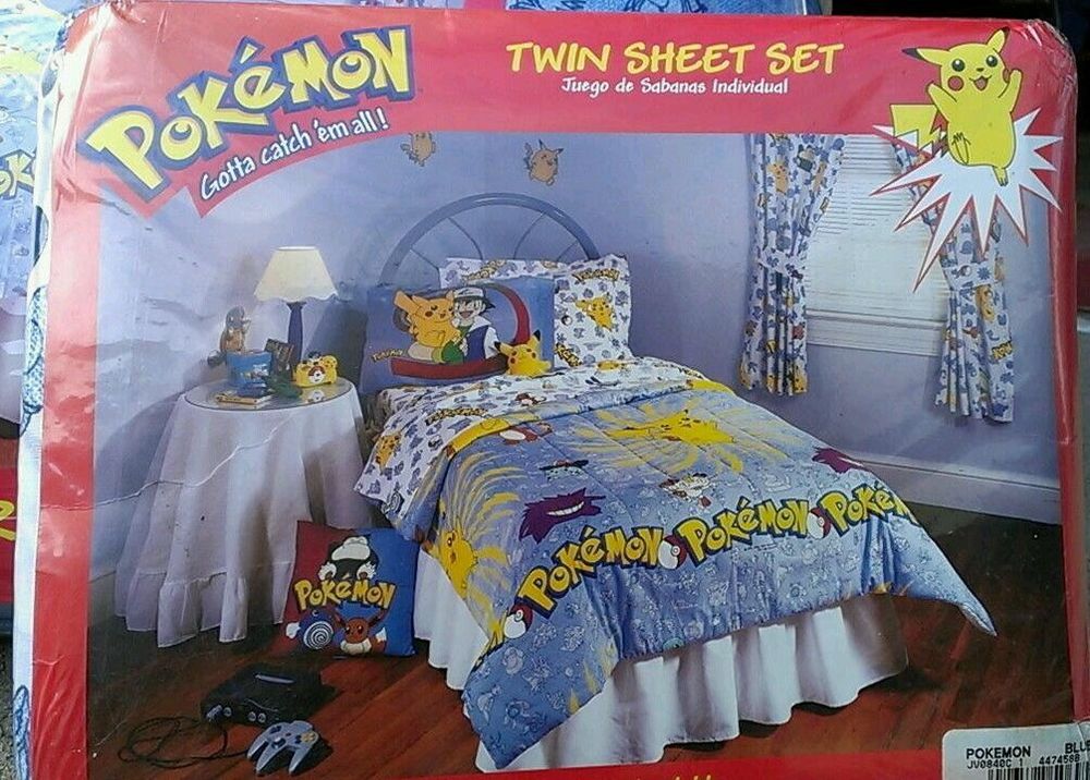 Pokemon bedroom set with curtains, bedding, wall decals, camera, alarm clock, gameboy and nintendo 64