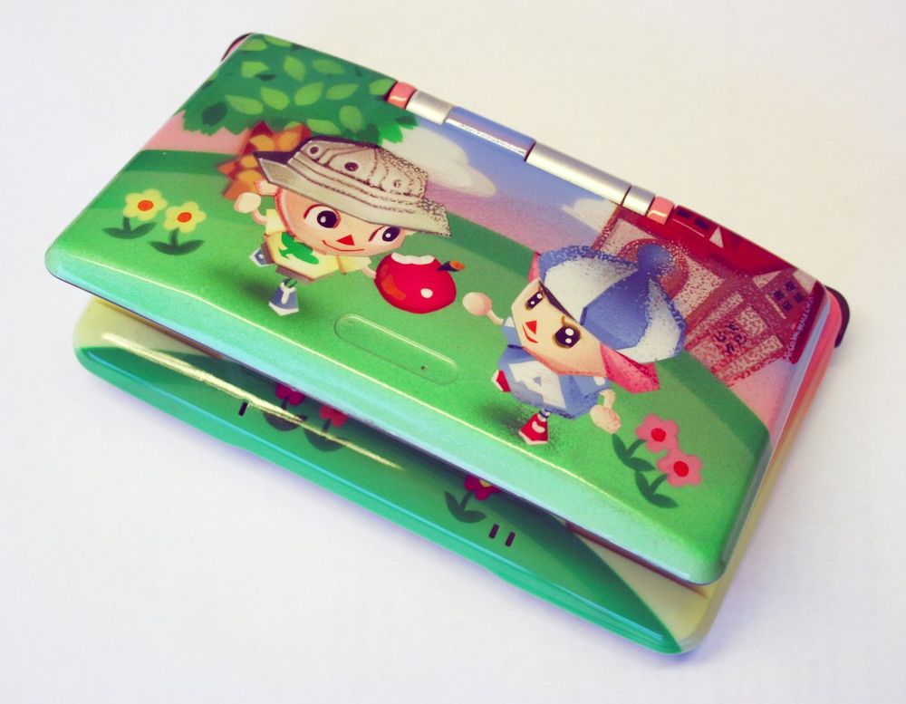 Nintendo DS Phat with Wild World box artwork printed on it - a boy villager with a safari hat and a 4 leaf clover shirt hands a half eaten apple to a girl villager with a blue and white striped hat, pink hair, and a blue shirt with an A on it.