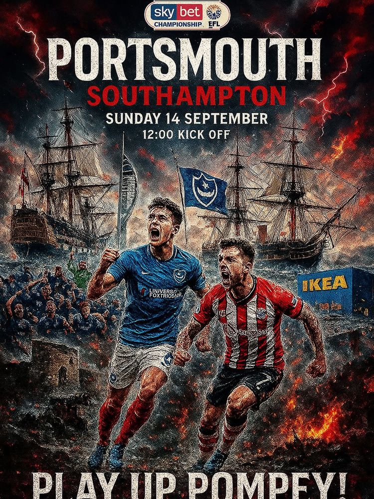 A spoof poster style picture for the Portsmouth v Southampton football match. Featuring the cities most famous landmarks. The Spinnaker Tower for Portsmouth and Ikea for Southampton. 