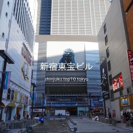 2021 年 2 月 4 日 15 時 24 分に、舗装工事中の「歌舞伎町シネシティ広場」より、「新宿東宝ビル」を撮影しました。建物屋外壁面に掲示されたゴジラ頭部も写っています。