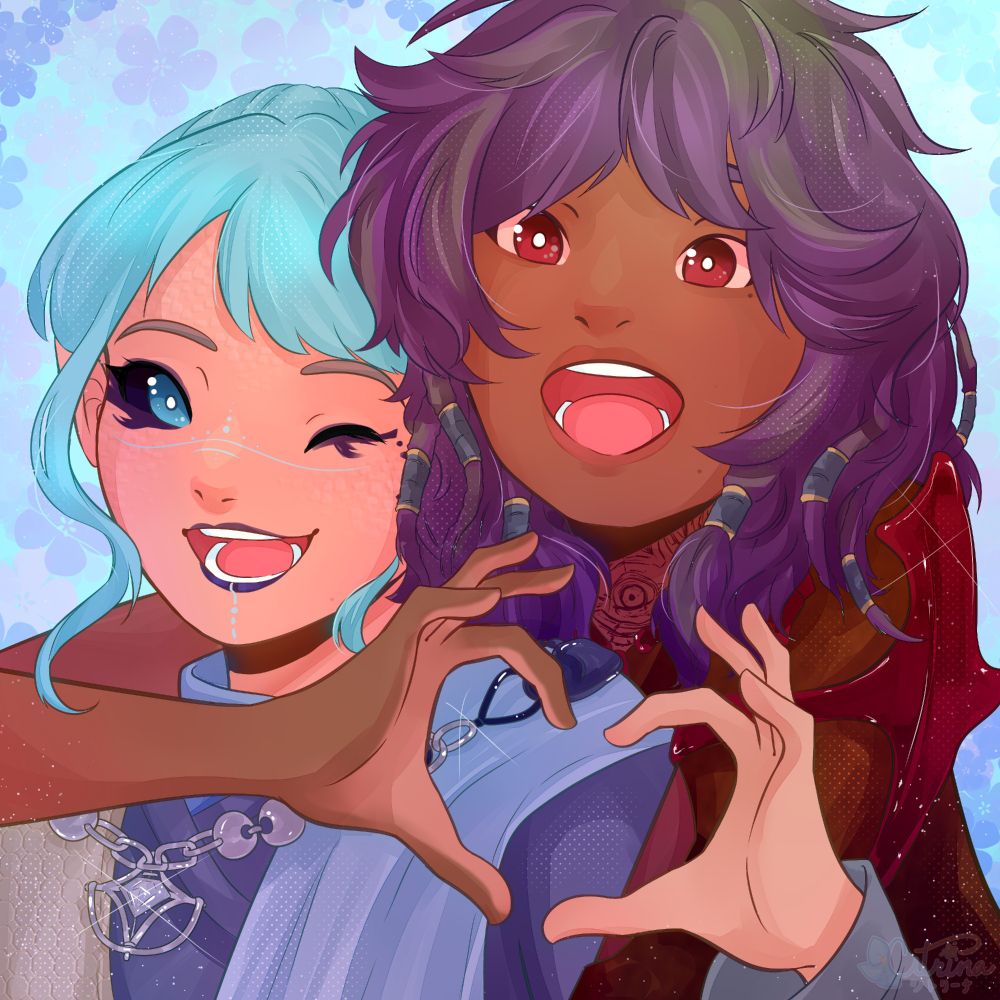 A portrait of two characters making a heart with their hands. The left has pale skin, teal hair pulled back with bangs, teal eyes with black sclera, dark blue lipstick and undereye makeup, and scales on their skin. The right has dark skin with fluffy purple hair and green lowlights with small hair beads. Both are smiling happily, with the right character hugging the left from behind.