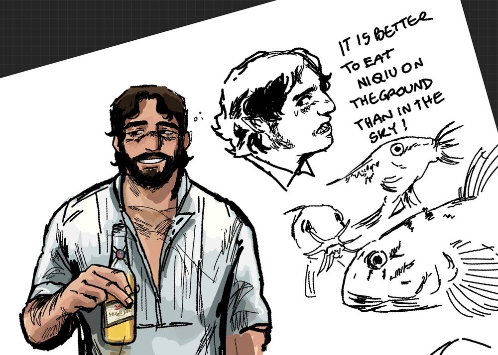 digital sketch of my oc guy drinking a miller high life. additional sketches of two misgurnus dojo loaches and an awaous goby. why? idk.