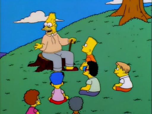 Abe Simpson telling a story to six small children
