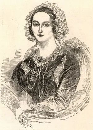 portrait of a lady with bonnet and jewels, in old etching. 
