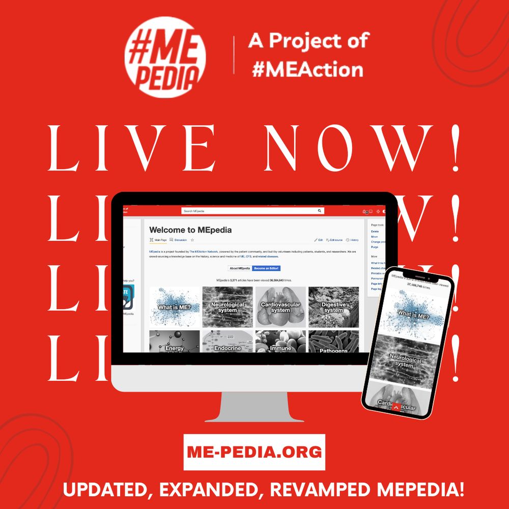 Graphic of a computer screen and mobile phone screen displaying the updated MEpedia page. Behind the screens the words "Live Now!" repeat. The top of the graphic has the #MEpedia circular logo with the text "A project of #MEAction" beside it. At the bottom of the graphic is the website address: me-pedia.org plus the text: "Updated, Expanded, Revamped MEpedia!"