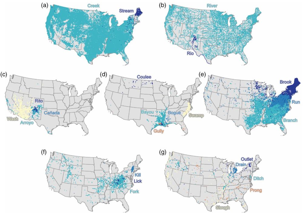 Maps showing the 24 most common proper names (eg. Creek, stream, rio, etc) for flowing waterbodies in the continental US