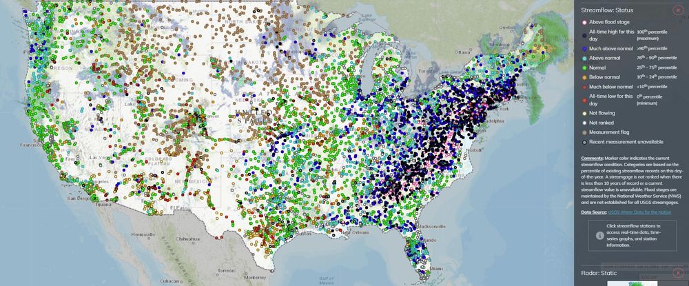 Image from USGS National Water Dashboard showing current streamflow status at gauges across the lower 48 United States