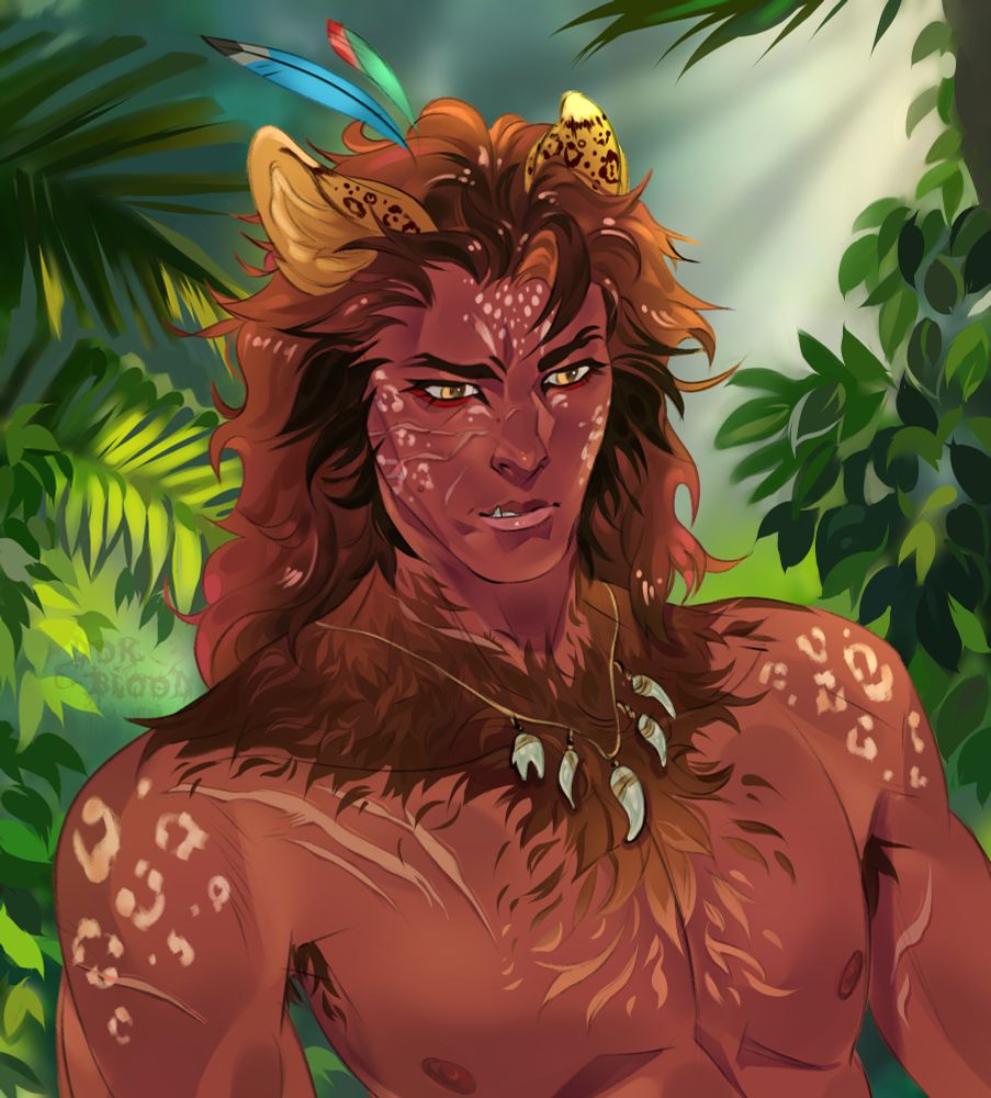 Man with leopard ears in the rainforest art
