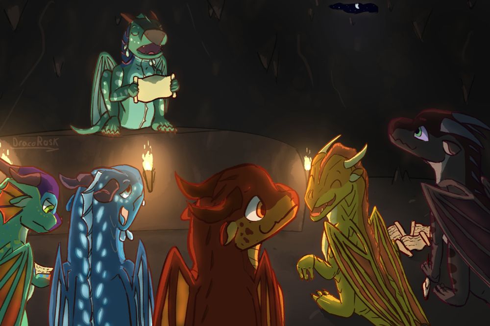 A digital art illustration of the Dragonets of Destiny sitting around a rocky ledge, while Webs, atop the ledge, lectures them by reading off of a scroll. The cave is lit only by torches and the faint moonlight from a hole in the top of the cave. 

Glory is focused on her studies and looks serious, Tsunami looks annoyed, Clay is happy to be around his friends, Sunny is joking with Clay, and Starflight is enraptured in the lecture. 