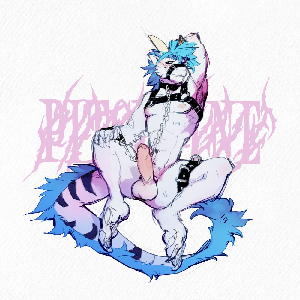 [NSFW] a muscular white anthro dragon sitting with his thighs spread. he is wearing a bulldog harness, thigh cuff, collar, and maw strap with a leash held in his right hand. His other arm is raised behind his head in a relaxed, smug pose