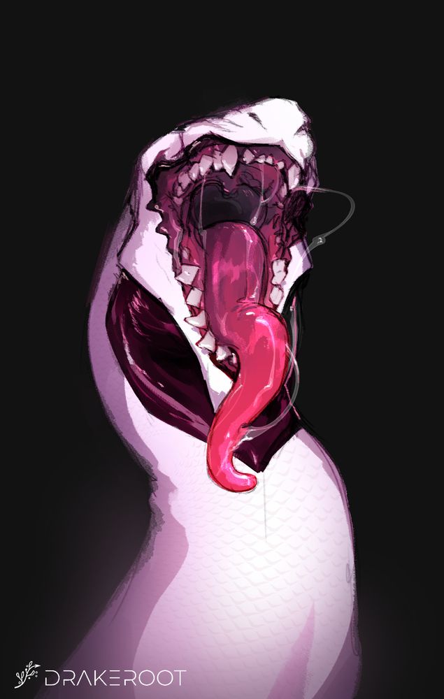 [mawshot] a white dragon on a black background with his mouth open wide and his long hot pink tongue drooping out. his teeth are sharp and there are globs of saliva dripping from his tongue and lips