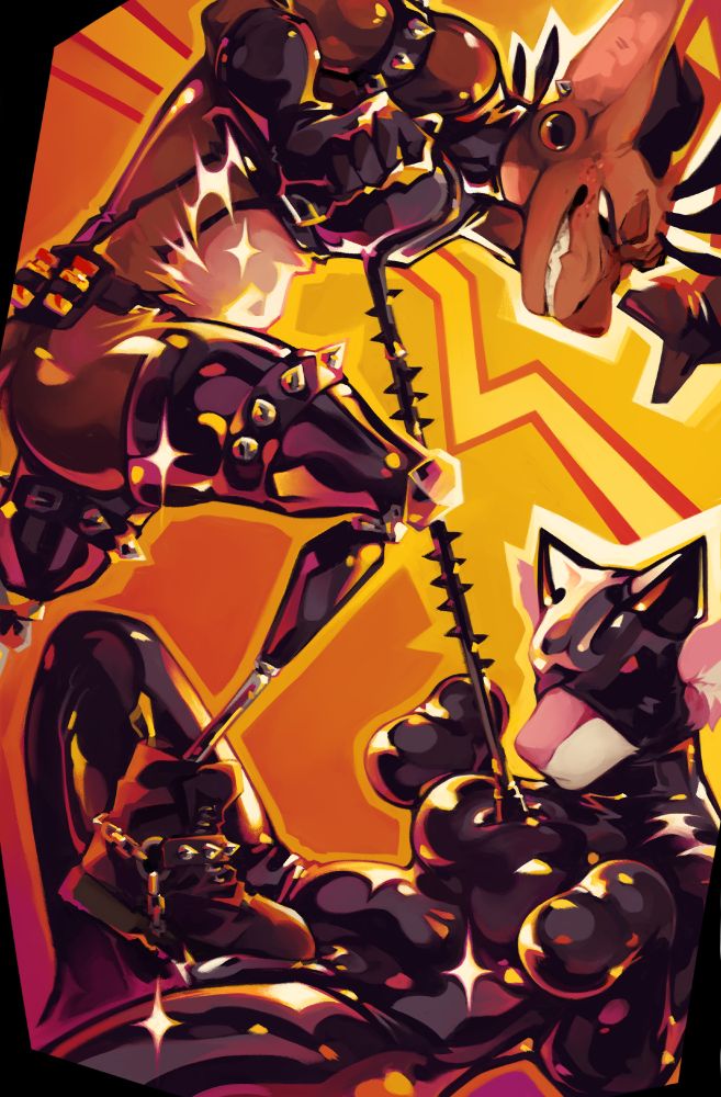 A dynamic composition of two anthro dragons. The dominant is a brown disabled dragon wearing a transparent latex catsuit with a cropped latex tanktop, gloves, and spiked arm and thigh bands. He is wearing a belt with popper vials strapped in, heavy leather boots with a harness, and a spiked cane pressing down the chest of the submissive character. The submissive is a pink fluffy dragon with only its snout and ears outside of full enclosure black latex. they have featureless paw mitts and are blinded by the open mouth hood. the background and lighting is a dynamic yellow and red that follow the latex pride flag motif behind the characters.