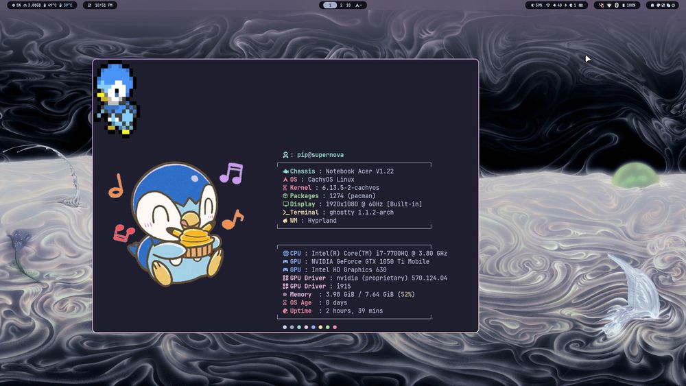 A screenshot of my laptop, again, running the Hyprland window manager/compositor. This time, though, the info shows I'm on CachyOS instead of EndeavourOS.