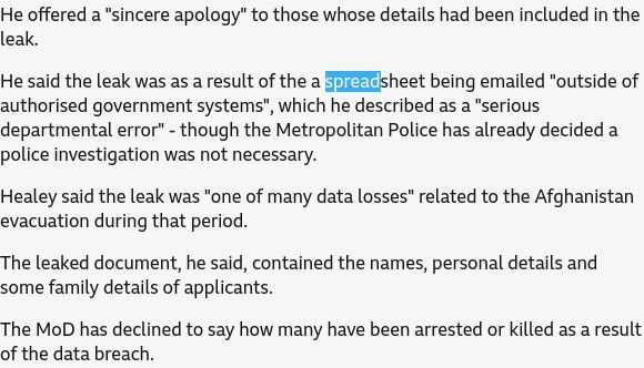 Clip from a BBC News article 'the leak was as a result of the a spreadsheet being emailed "outside of authorised government systems"' https://www.bbc.co.uk/news/articles/cvg8zy78787o 