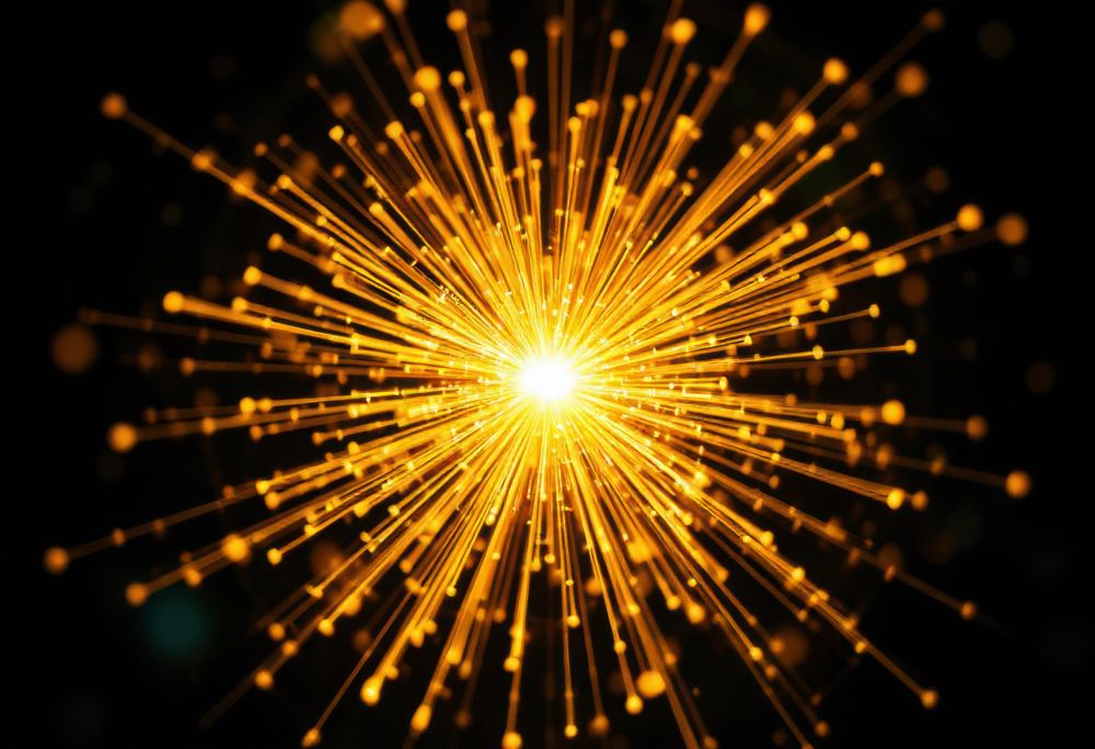 A burst of glowing golden particles radiates outward from a central point, symbolizing the Higgs boson and the energy of particle collisions in high-energy physics.