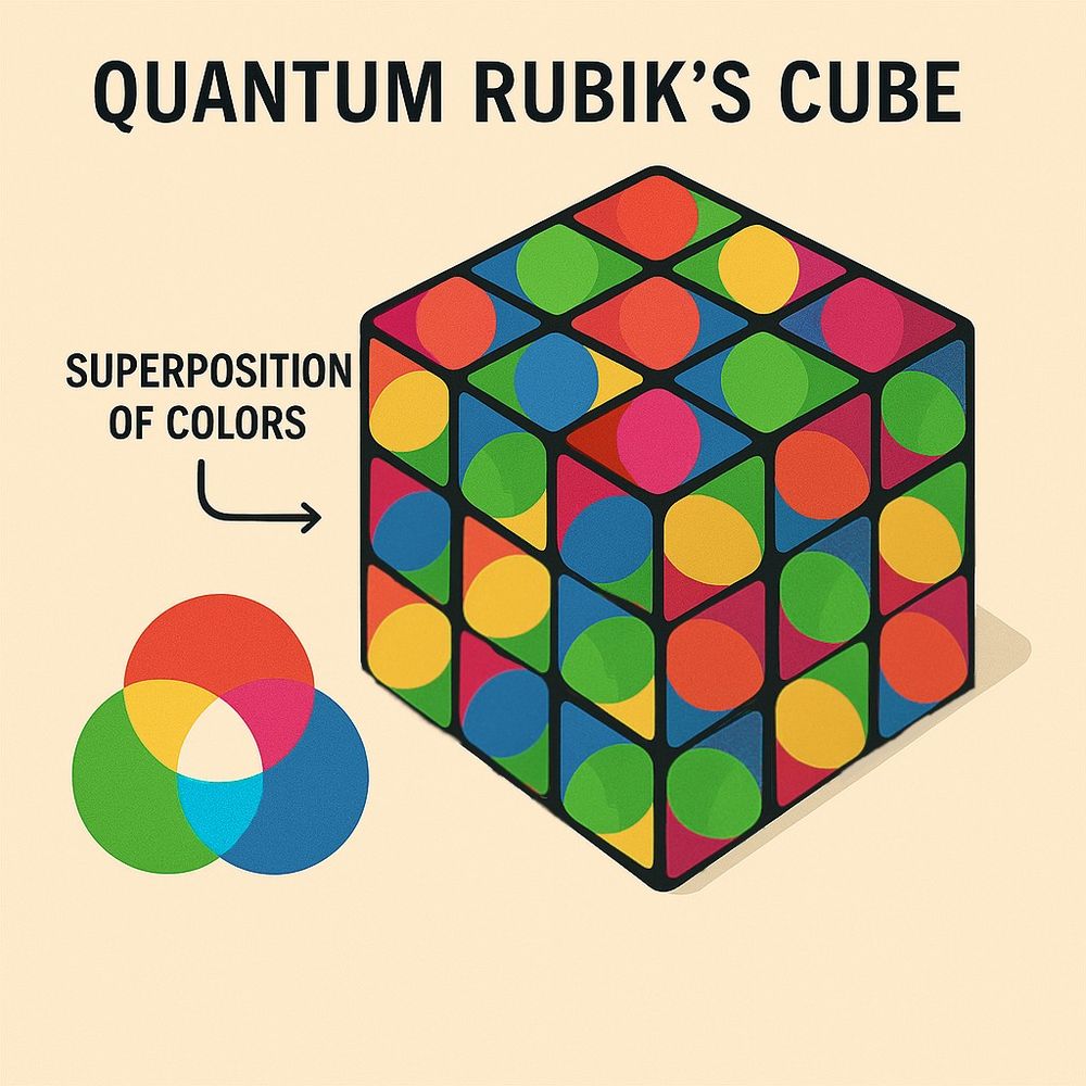 An illustration titled Quantum Rubik’s Cube on a beige background. The cube is laid out with 9 tiles on each side. Each tile has a circle in the middle with one color and two different colors filling in the sides of the square, representing the different options for each cube with superpositioning. Next to the cube, text reads “superposition of colors” with an arrow pointing to the cube. Below the text is a venn diagram showing all the color possibilities.