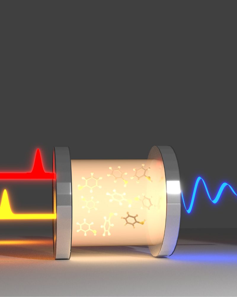 Artist’s rendering of an optical cavity filled with molecules, illuminated by incoming red and yellow laser pulses (left) and emitting a blue waveform (right). The illustration represents nonlinear interactions between pump and probe pulses and the molecular ensemble inside the cavity, as used in quantum system simulations.
