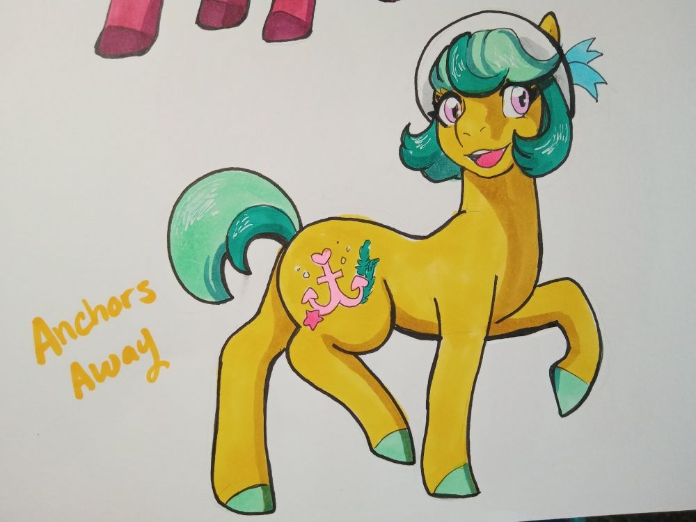 Anchors Away is a yellow pony with mint and teal hair, mint hooves, and pink eyes. Her cutiemark is a pink anchor with bubbles, seaweed and a starfish. 