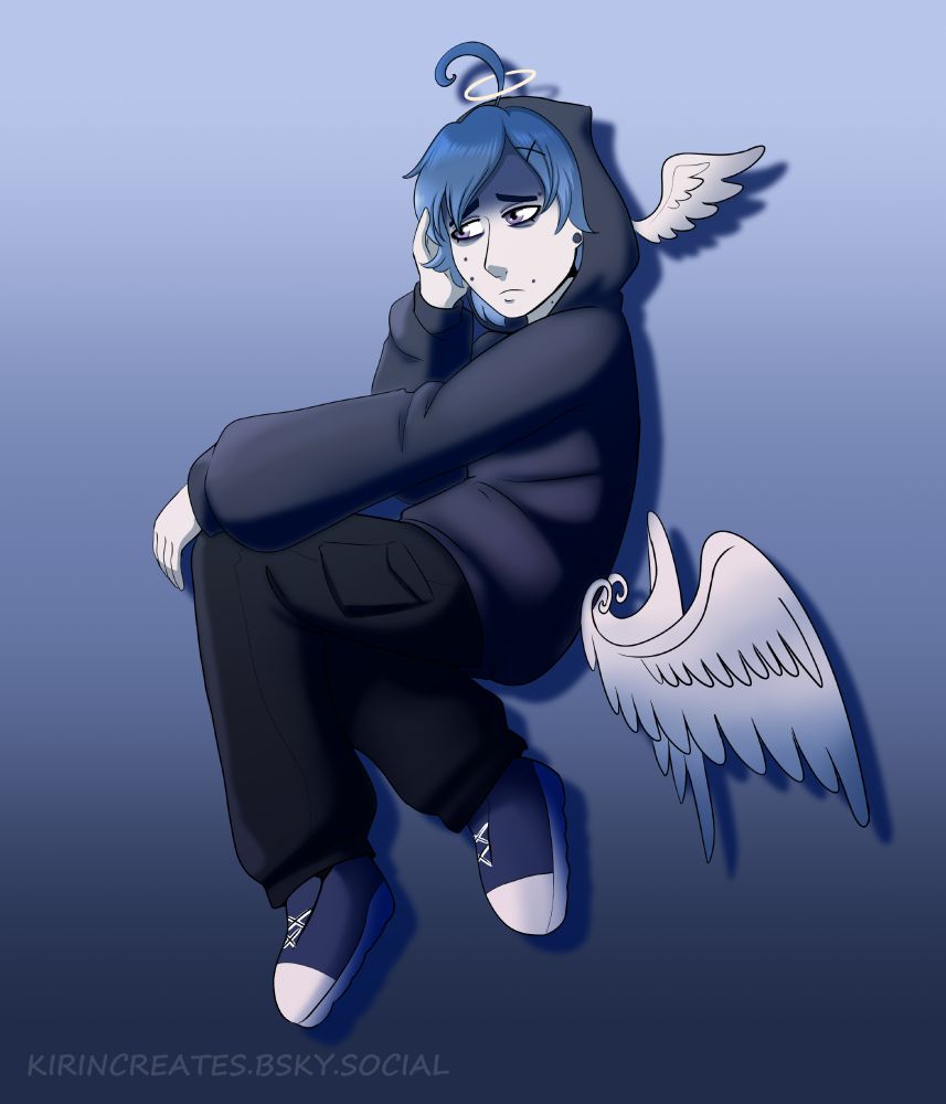 a ghostly angelic boy wearing a blue hoodie, black cargo pants, and sneakers. He has pale white skin, blue hair, and violet eyes. 