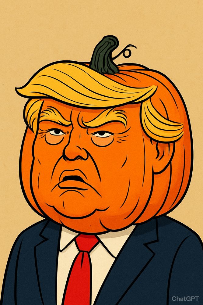 Cartoon image of Donald Trump with a head shaped like a pumpkin