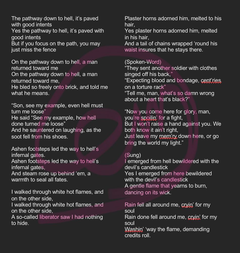 A lyric sheet for a song titled “Hellbound Blues”

The pathway down to hell, it’s paved with good intents
Yes the pathway to hell, it’s paved with good intents
But if you focus on the path, you may just miss the fence

On the pathway down to hell, a man returned toward me
On the pathway down to hell, a man returned toward me,
He bled so freely onto brick, and told me what he means.

“Son, see my example, even hell must turn me loose”
He said “See my example, how hell done turned me loose”
And he sauntered on laughing, as the soot fell from his shoes.

Ashen footsteps led the way to hell’s infernal gates.
Ashen footsteps led the way to hell’s infernal gates,
And steam rose up behind ‘em, a warmth to seal all fates.

I walked through white hot flames, and on the other side,
I walked through white hot flames, and on the other side,
A so-called liberator saw I had nothing to hide.










Plaster horns adorned him, melted to his hair,
Yes plaster horns adorned him, melted in his hair,
And a tail of chains wrapped ‘round his waist insures that he stays there.

(Spoken-Word)
“They sent another soldier with clothes singed off his back,”
“Expecting blood and bondage, cent’ries on a torture rack”
“Tell me, man, what’s so damn wrong about a heart that’s black?”

“Now you come here for glory, man, you’re spoilin’ for a fight,
But I won’t raise a hand against you. We both know it ain’t right,
Just leave my mem’ry down here, or go bring the world my light.”

(Sung)
I emerged from hell bewildered with the devil’s candlestick
Yes I emerged from here bewildered with the devil’s candlestick
A gentle flame that yearns to burn, dancing on its wick.

Rain fell all around me, cryin’ for my soul
Rain done fell around me, cryin’ for my soul
Washin’ ‘way the flame, demanding credits roll.
