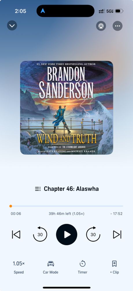Display of Audible player showing Wind and Truth on Chapter 46 with 39h 46m left