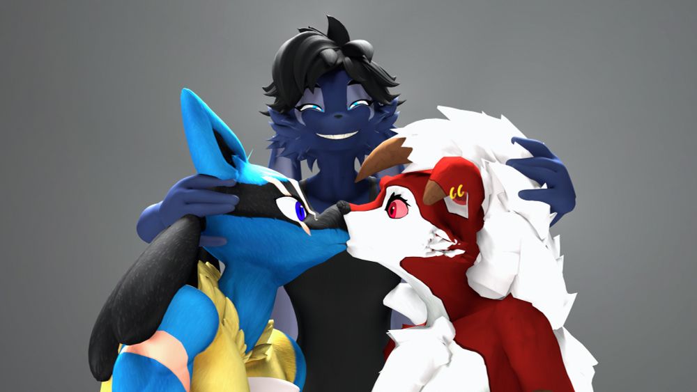 A cheeky blue bunny has ambushed the duo and in comic fashion, has made them kiss. Not that they mind~