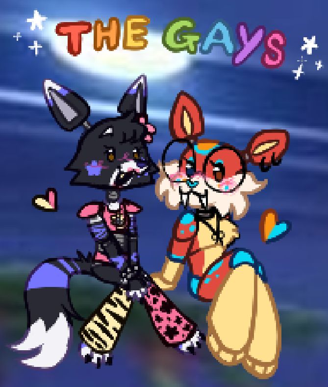 karmen - she/it - animatronic fox oc in fnaf sb sitting with serina saber (clover's oc)