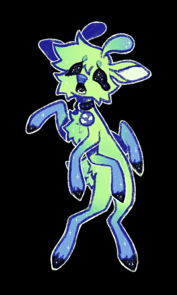 A green alien deer with six limbs floating while its body moves in a vaguely S-shape. (idk i wanted to make a cool twist in the body)