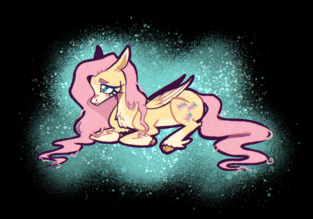 my fluttershy design(she/they) laying on the ground, looking up.