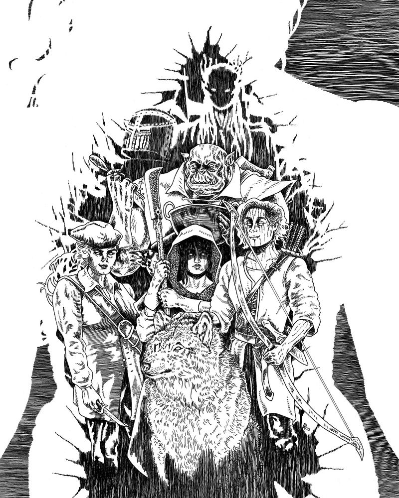 Black and white ink illustration of a four player Dungeons & Dragons party. The members are (clockwise) Shanks (Orc Barbarian), Emblagard (Firbolg Ranger), Alerys Mursk (Half-Elf Warlock) and Marbh (Githyanki Rogue). Also featured are Sylvie the Wolf, Pat the Crow and the spirit of an Elven King and his immortal army. The background is a silhouette of an Elven Princess.