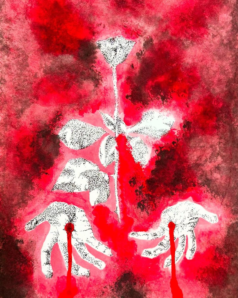 Illustration of a rose with a pair of gesturing hands below it- this is a tribute to Violator by Depeche Mode which turns 35 this year. The background is a wash of red ink and stigmata wounds are implied on the hands (a vague illusion to Violator’s first single Personal Jesus).