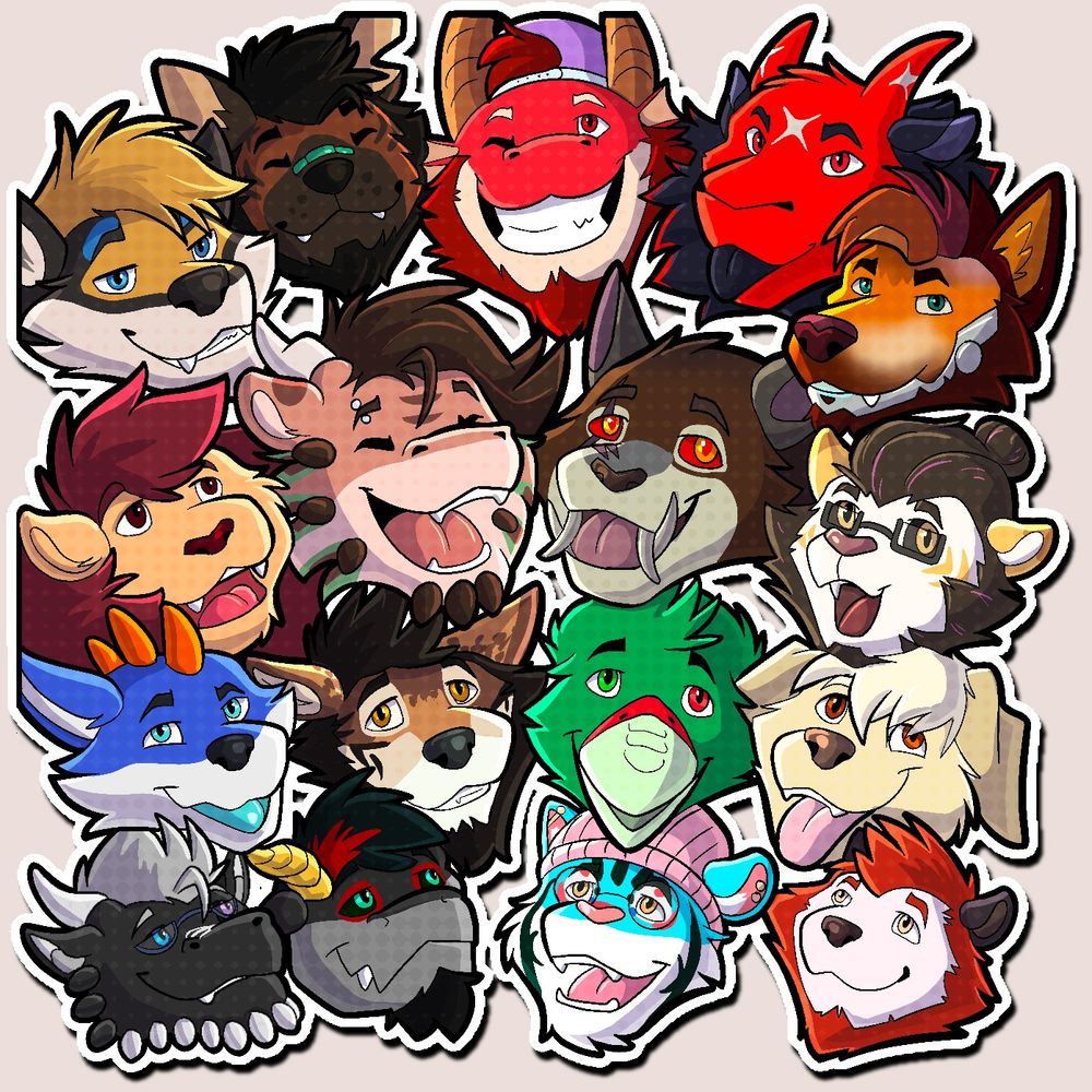 A set of headshots featuring AlexiTheWusky, Gonnidae, Cassdragon, Undertheredmoon, Skift, Troupacabre, me, Skinggy, HugoStripes, DrixelBork, FelixWolfheart, Emblem566, Lift, Magic, Zyruse, Banji and Fred
