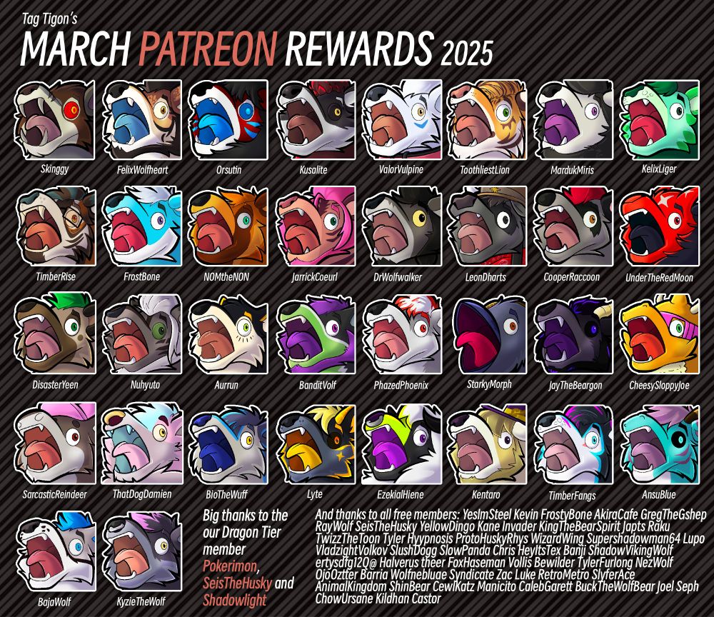 A display of all Tigon tier Patreon emote rewards.
Art by TagTigon