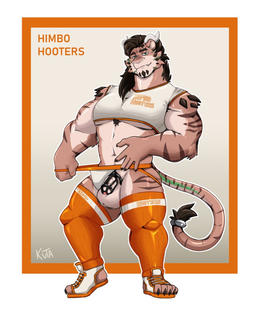 NSFW illustration: An anthro tiger-dragon hybrid is posing in "Himbo Hooters" attire and showing off his chastity cage revealed under his jockstrap.
(And just under us, I love how big and full the balls look like in this piece...)