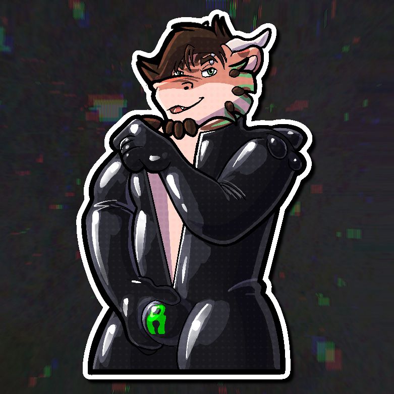 A sticker of tag putting on a latex suit and grabbing his null bulge. 
Art by TagTigon