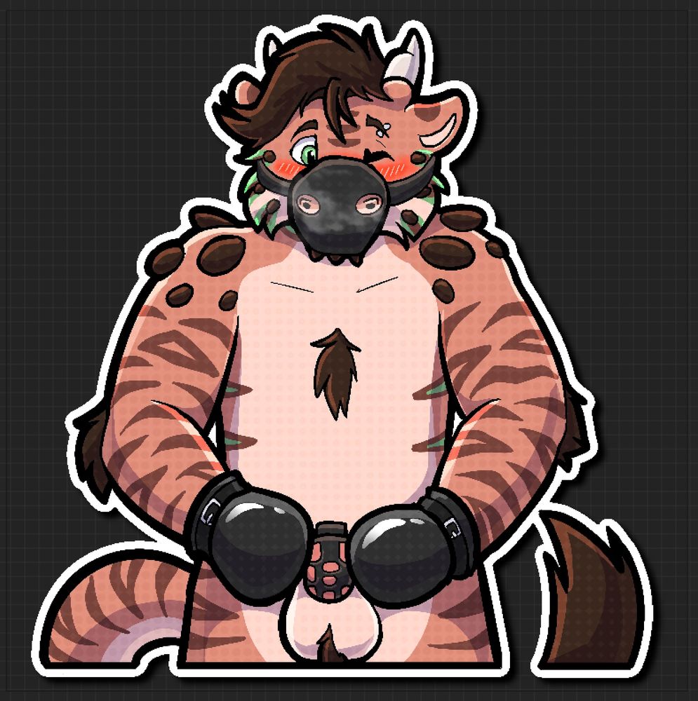 A telegram sticker of Tag the tiger-dragon in a muzzle and fist mitts groping his chastity cage. 
Art by TagTigon