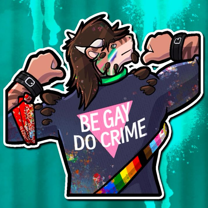 A sticker featuring Tag wearing a pride jeans jacket. 
Art by TagTigon