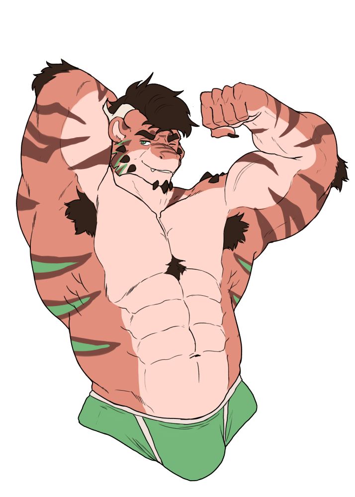 A half-body illustration showing Tag the tiger-dragon hybrid flexing his bicep. 
Art by PurpleDragonRei 