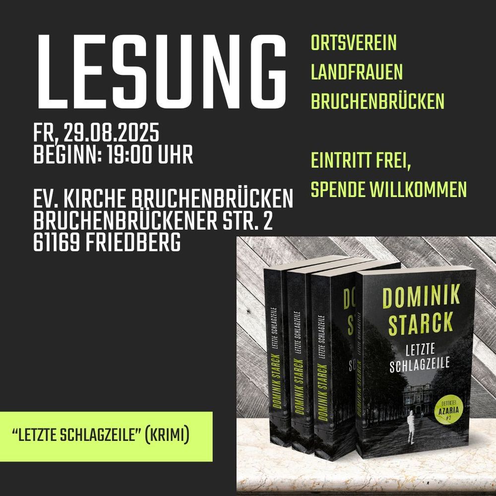 Einladung zur Krimilesung für "Letzte Schlagzeile" von Dominik Starck inkl. Abbildung multipler Taschenbücher.