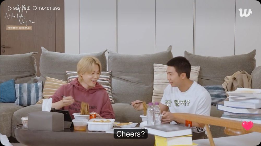 Jimin and RM of BTS eating together while listening to RPWP