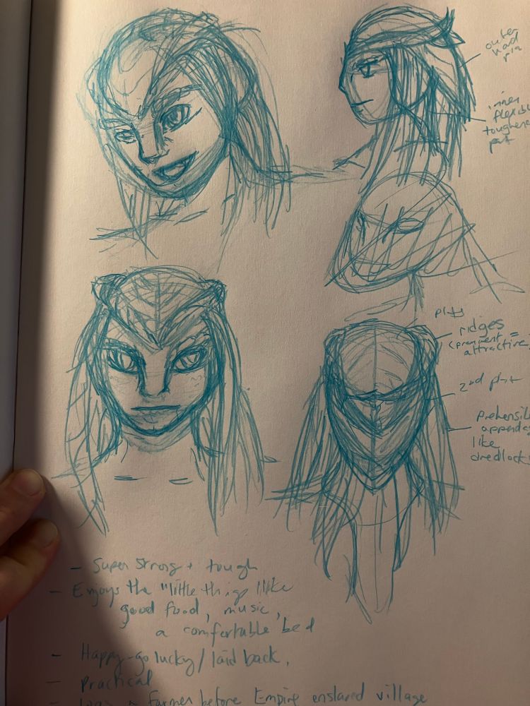 Blue pencil sketches of head / upper torso of a humanoid figure with dragon like features and head tendrils roughly resembling dreadlocks 