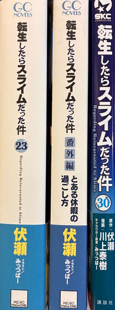 書籍三冊
①伏瀬『転生したらスライムだった件 23』マイクロマガジン社（GCノベルズ）
②伏瀬『転生したらスライムだった件 番外編 とある休暇の過ごし方』マイクロマガジン社（GCノベルズ）
③川上泰樹『転生したらスライムだった件 30』講談社（シリウスコミックス）
