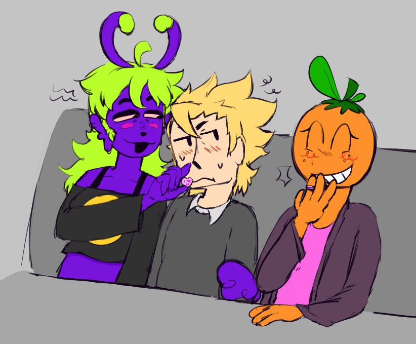 Chupachups, Ryan Sasuke, and Strawberry sitting in a diner booth together. Chupachups is wrapping her tail around and holding a candy heart that reads "I <3 U" up to Ryan, who looks away. Strawberry is laughing.