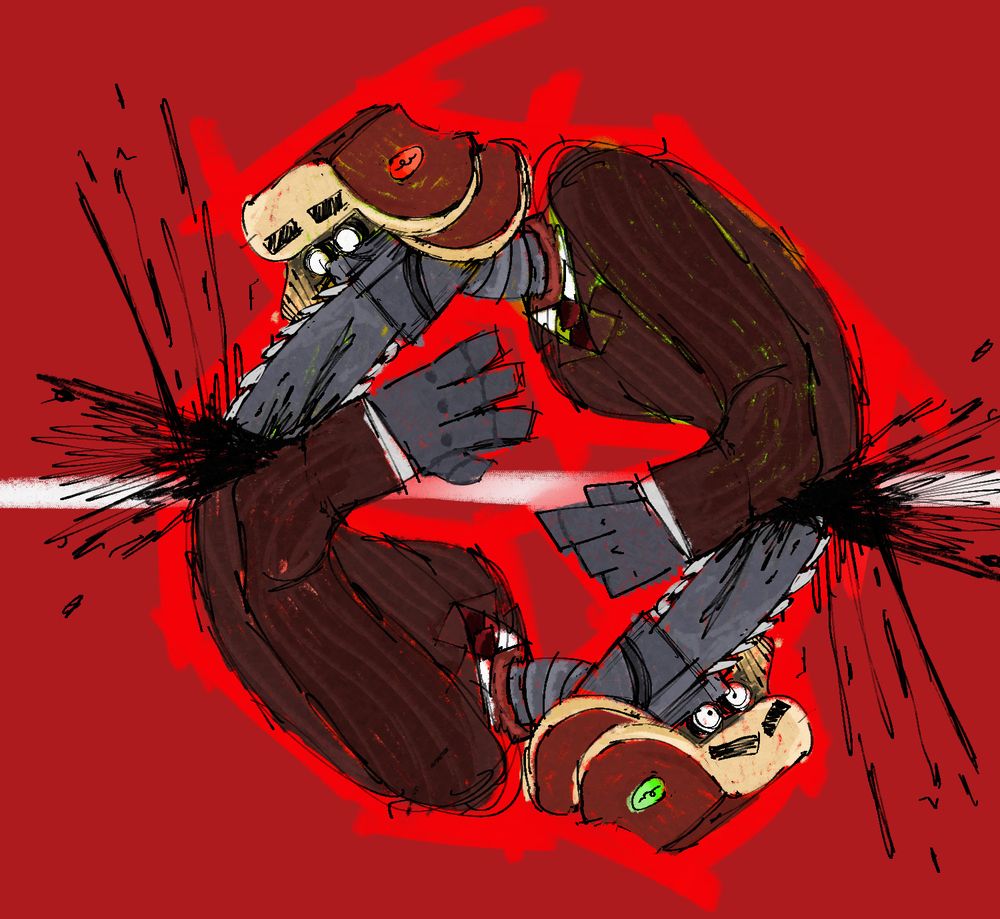 Digital artwork of the Chainsaw Consultant from Toontown Corporate Clash. Two versions of the Chainsaw Consultant saw into himself in a loop with his chainsaw blade.