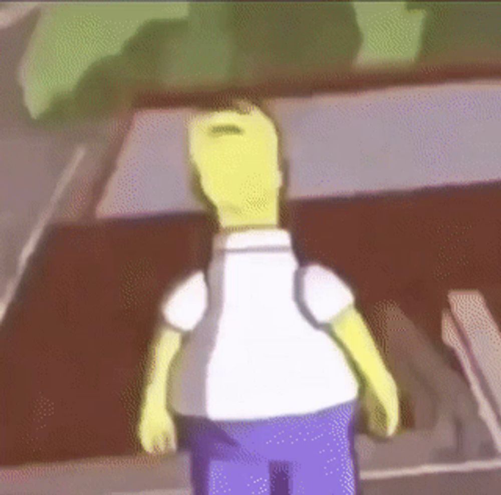 homer simpson is standing in front of a car with a backpack on his back .