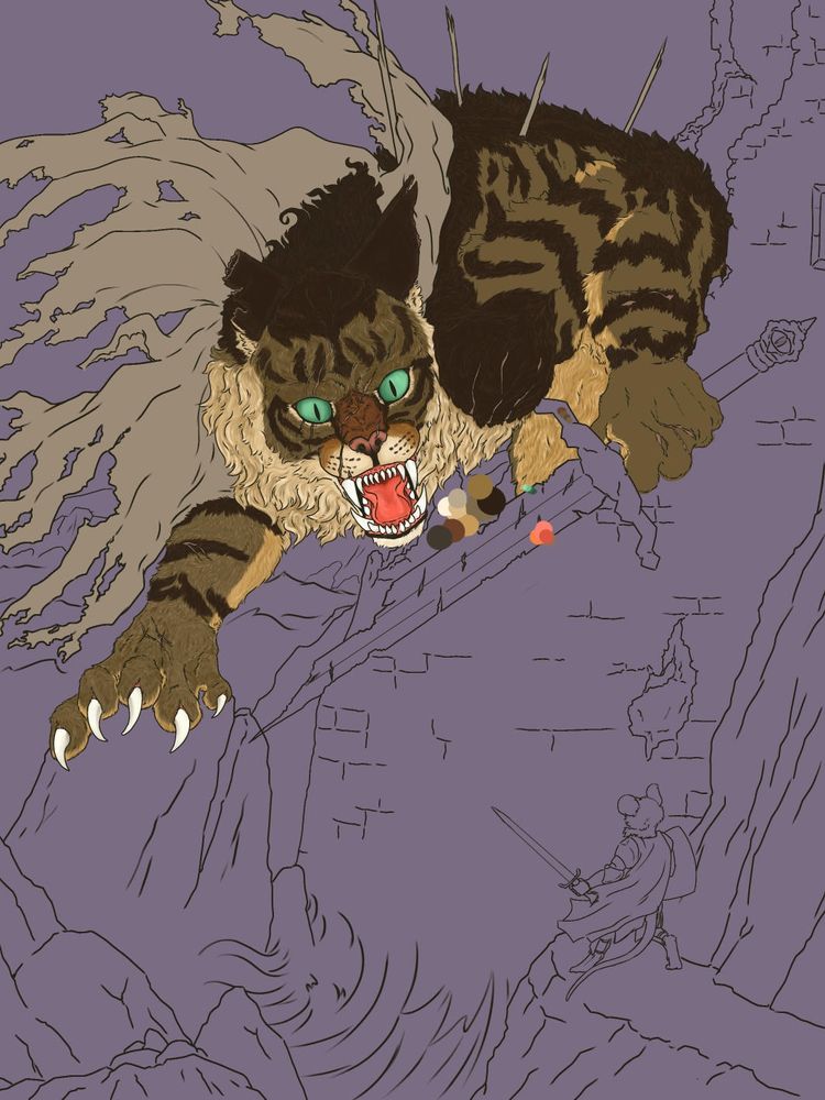 Wip in progress piece of a villain from Redwall as an elden Ring boss. All o the color being hand painted to give it a much richer texture. 
Depiction of a giant tabby colored cat wielding a broken sword crawling out of the ruins of a castle. Stormy seas crash on the rock shore. Standing a a ledge is a small mouse knight holding a sword and shield preparing for their fight.