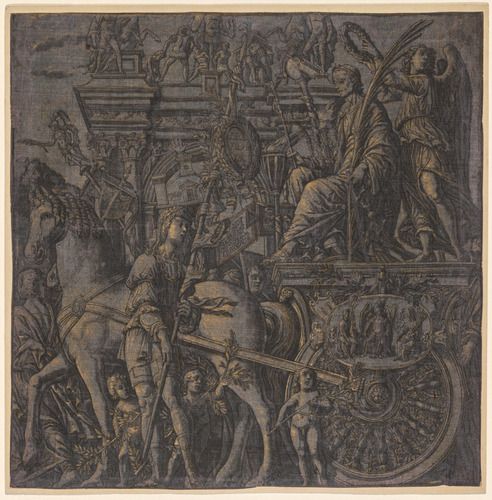 Commissioned by Duke Vincenzo Gonzaga, this series of chiaroscuro woodcuts reproduces Andrea Mantegna’s <em>Triumph of Julius Caesar</em>, painted a century earlier. The scenes imaginatively portray the triumphal procession of the renowned Roman general and consul Julius Caesar following his successful defeat of Gaul in 52 BC. Each section of the continuous frieze shows elements typical of these parades, sanctioned by the Roman Senate and described in ancient texts. The printed suite’s frontispiece features a portrait bust of Mantegna, and the text below boasts that the famous paintings attracted many viewers. People who owned sets of these woodcuts often tacked them up to create a decorative frieze. Andreani issued the prints with a sheet of classical columns that could be cut out and placed between the scenes. Two fragments of these columns, colored orange, still flank the fourth scene.<br><br>This special impression of the final woodcut in Andreani’s <em>Triumph of Julius Caesar</em> was printed on dyed silk. The gold highlights, added by hand, make Caesar in his triumphal car appear especially luxurious. In their descriptions of Roman triumphs, the ancient chroniclers Plutarch and Appian each wrote that the hero of honor wore purple robes decorated with gold.
