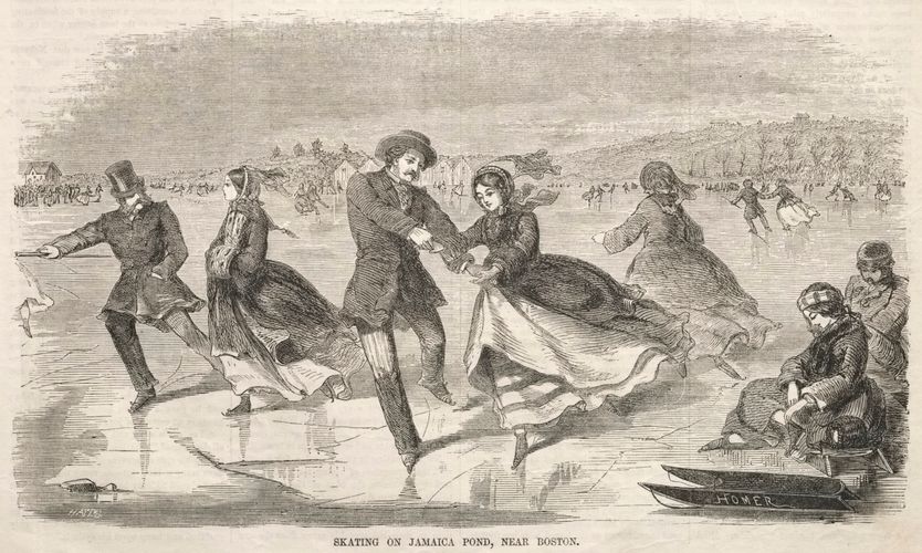 "Skating on Jamaica Pond, near Boston" by Winslow Homer captures a lively winter scene with elegantly dressed skaters gliding across the frozen pond. The early engraving, showing delicate details typical of Homer’s work, reflects a sense of community and joy in post-Civil War America.